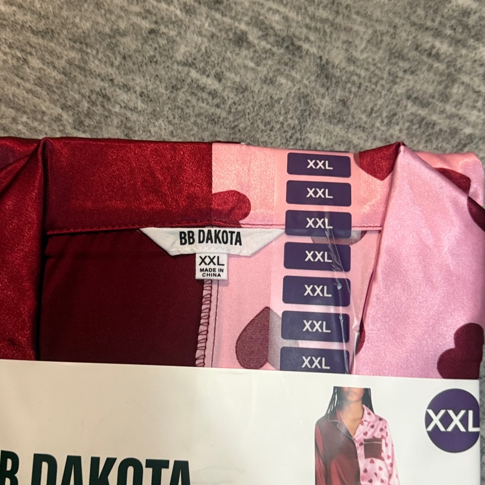 BB Dakota Satin Notch Collar PJ Set in Burgundy and Pink Heart Print - Picture 2 of 5